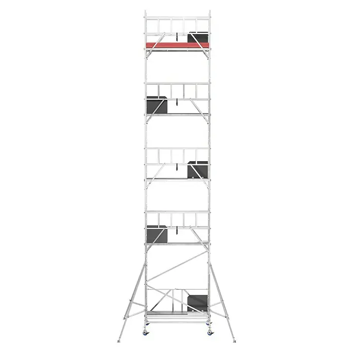 Krause ProTec XS KlappgerüstArbeitshöhe: 10,8 m, Bühnengröße: 2 x 0,6 m, Belastbarkeit: 200 kg/m² - Aufnahme eines hohen, freistehenden Gerüsts mit mehreren Ebenen und grauen Blöcken, das einen sicheren Zugang für Bau- oder Wartungsarbeiten bietet.