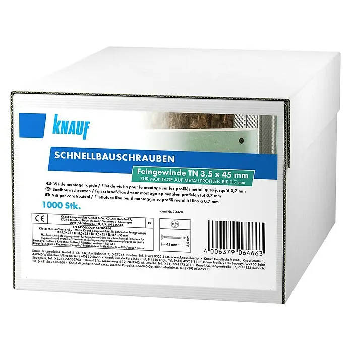 Knauf Schnellbauschraube TN 45 - Durchmesser: 3,5 mm, Länge: 45 mm, 1.000 Stk. - Bild einer Packung Knauf Schnellbauschrauben Feingewinde TN 3,5 x 45 mm für Metallprofile bis 0,7 mm.