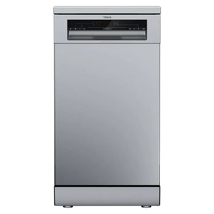 Teka Lavavajillas libre instalación DFS24650 - Ancho: 44,8 cm, Número de cubiertos: 9 ud., Consumo de agua por uso: 9 l - Vista de un lavavajillas Teka en plateado, un electrodoméstico elegante y funcional para cualquier cocina moderna con una interfaz de usuario intuitiva.