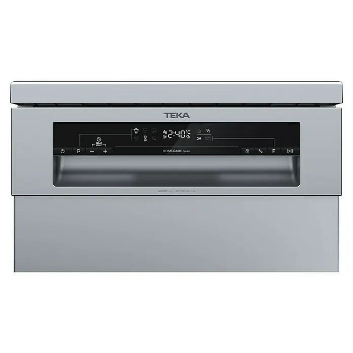 Teka Lavavajillas libre instalación DFS24650 - Ancho: 44,8 cm, Número de cubiertos: 9 ud., Consumo de agua por uso: 9 l - Primer plano del lavavajillas TEKA Homecare Series con controles digitales y visualización del tiempo de lavado, programas y opciones.