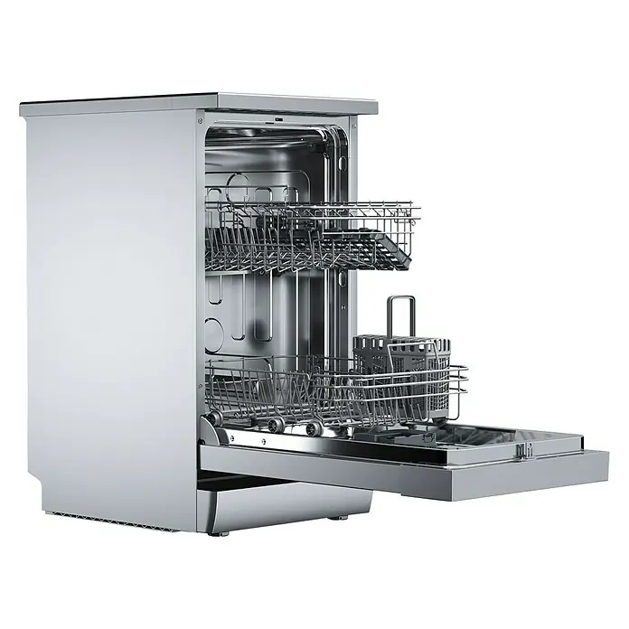 Teka Lavavajillas libre instalación DFS24650 - Ancho: 44,8 cm, Número de cubiertos: 9 ud., Consumo de agua por uso: 9 l - Aquí tienes un primer plano de un lavavajillas abierto de acero inoxidable con dos rejillas y una cesta para utensilios.