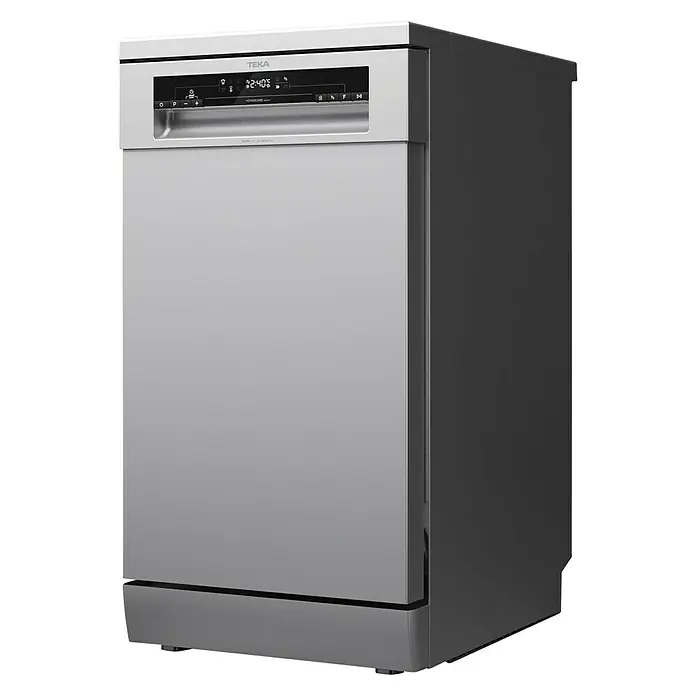 Teka Lavavajillas libre instalación DFS24650 - Ancho: 44,8 cm, Número de cubiertos: 9 ud., Consumo de agua por uso: 9 l - En la imagen se muestra un lavavajillas TEKA plateado. Diseño moderno, controles fáciles de usar y tecnología de limpieza eficiente para vajilla impecable.