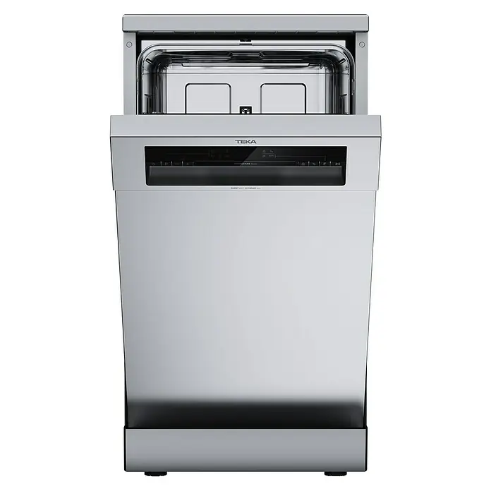 Teka Lavavajillas libre instalación DFS24650 - Ancho: 44,8 cm, Número de cubiertos: 9 ud., Consumo de agua por uso: 9 l - Lavavajillas Teka abierto en plata con pantalla digital y panel de control para una gestión sencilla del programa.