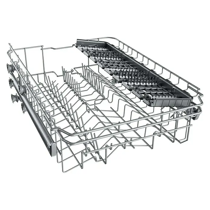 Teka Lavavajillas libre instalación DFS24650 - Ancho: 44,8 cm, Número de cubiertos: 9 ud., Consumo de agua por uso: 9 l - Una cesta de lavavajillas vacía de color plateado con púas abatibles, sobre un fondo negro.