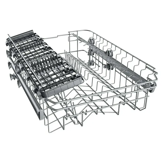 Teka Lavavajillas libre instalación DFS26650 - Ancho: 59,8 cm, Número de cubiertos: 13 ud., Consumo de agua por uso: 11 l - Primer plano de una cesta de lavavajillas metálica con cesta para utensilios y rodillos. Perfecto para platos limpios.
