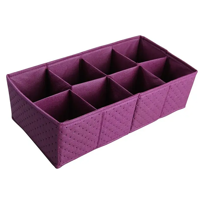 Organizador acolchado - 36 x 18 x 10 cm, Número de compartimentos: 8 ud., Lila - Esta foto muestra un organizador de cajones de tela morada con múltiples compartimentos para guardar cosas.