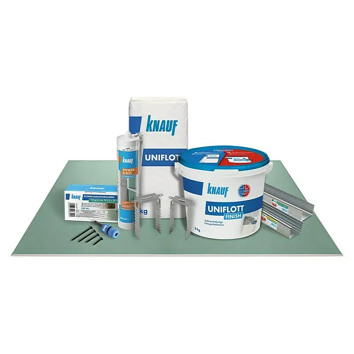 Knauf Fugenspachtel Uniflott - 25 kg - Produktpalette von Knauf, inklusive Uniflott, Power-Elast, Schnellbauschrauben, und Zubehör für Trockenbauarbeiten.