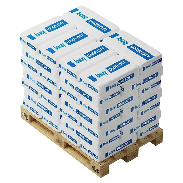 Knauf Fugenspachtel Uniflott - 25 kg - Eine Palette mit mehreren Säcken Knauf Uniflott, einer Spachtelmasse für Trockenbau, gestapelt auf einer Holzpalette.