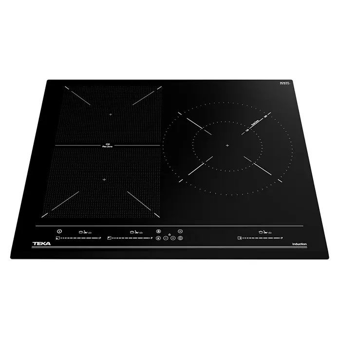 Teka Placa de cocción IZF65320BKMSP - An x L: 51,5 x 60,5 cm - Primer plano de una placa de inducción TEKA con múltiples zonas de cocción y controles táctiles.