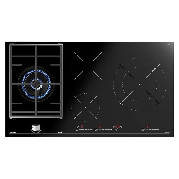 Teka Placa de cocción y gas mixta MIXTJZC94313ABN - An x L: 90 x 51 cm - La placa Teka ofrece un quemador de gas y zonas de inducción para una cocción flexible. El diseño de vitrocerámica es moderno y fácil de limpiar.
