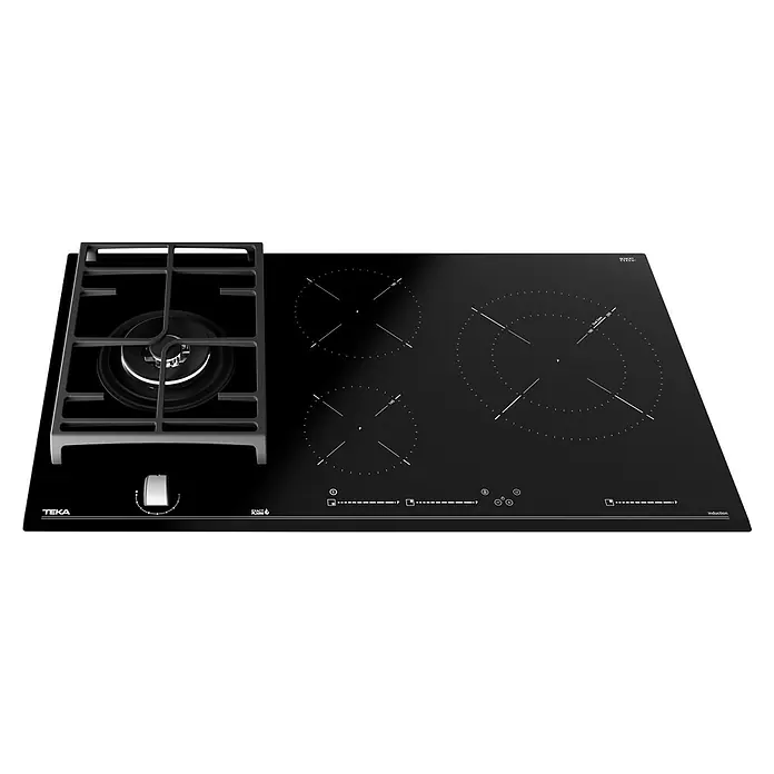 Teka Placa de cocción y gas mixta MIXTJZC94313ABN - An x L: 90 x 51 cm - Imagen de producto de una placa TEKA negra con quemador de gas y placas de inducción, elegante y moderna para la cocina.