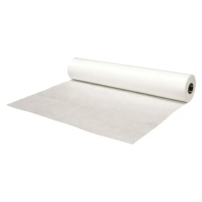 Chova Lona filtrante Geotextil 120 - 100 m x 2,1 m x 1 mm, Poliéster, Blanco - Imagen de un rollo de papel blanco limpiable, ideal para usar en instalaciones médicas, salones de masajes y spas.