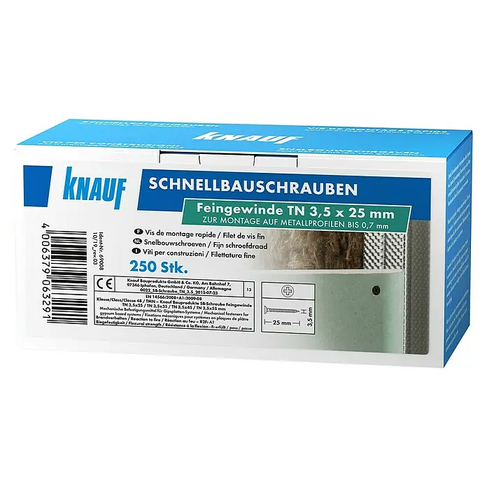 Knauf Schnellbauschraube TN 25 - Durchmesser: 3,5 mm, Länge: 25 mm, 250 Stk. - Bild einer Packung Knauf Schnellbauschrauben Feingewinde TN 3,5 x 25 mm, geeignet für die Montage auf Metallprofilen bis 0,7 mm, 250 Stück.