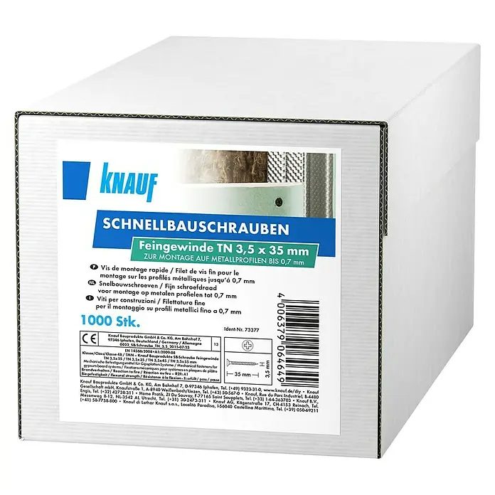 Knauf Schnellbauschraube TN 35 - Durchmesser: 3,5 mm, Länge: 35 mm, 1.000 Stk. - Knauf Schnellbauschrauben TN 3,5 x 35 mm im Karton. Ideal für Metallprofile bis 0,7 mm.