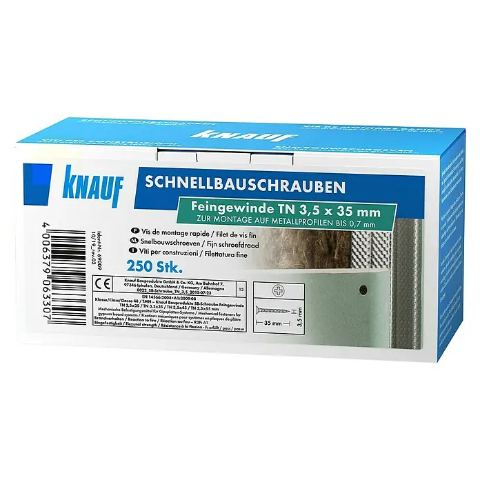 Knauf Schnellbauschraube TN 35 - Durchmesser: 3,5 mm, Länge: 35 mm, 250 Stk. - Packung Knauf Schnellbauschrauben Feingewinde TN 3,5 x 35 mm zur Metallprofilmontage.