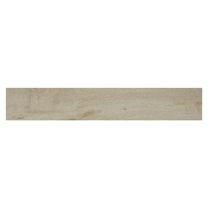 Pavimento porcelánico Nordby Nanotech - 90 x 15 cm, Natural, Mate - Primer plano de una tabla de madera clara con vetas y nudos, ideal para pisos y revestimientos de paredes. El diseño natural aporta calidez.