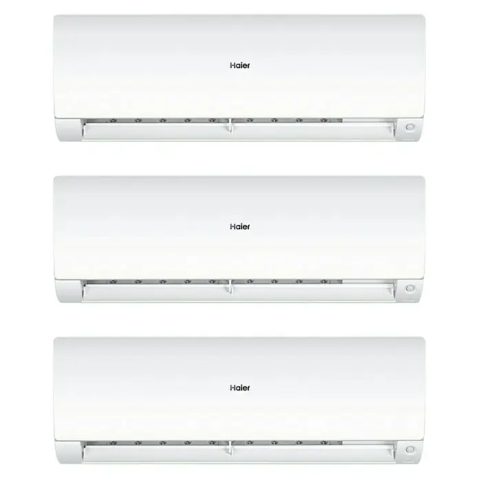 Haier Aire acondicionado Inverter Flexis-S 3x1 - 3.500 W, 4.200 W, 20 m² - 30 m², Blanco - La imagen muestra tres aires acondicionados Haier en blanco. Los aires acondicionados son idénticos y están dispuestos uno debajo del otro.