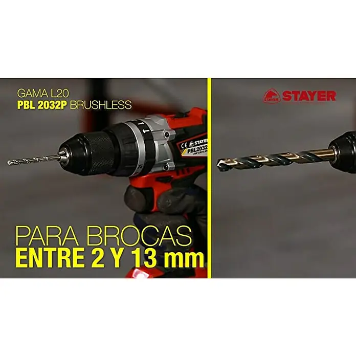 Stayer L20 Taladro atornillador percutor de batería PBL2034PK - 18 V, Sin batería, Momento de torsión máx.: 60 Nm - Primer plano de un taladro atornillador a batería STAYER PBL 2032P BRUSHLESS, ideal para brocas de entre 2 y 13 mm, con logo STAYER al fondo.
