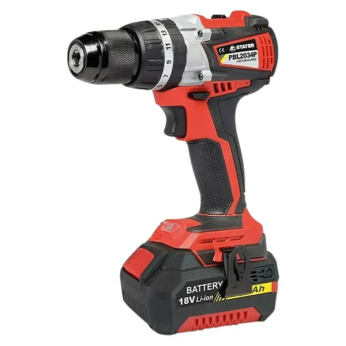 Stayer L20 Taladro atornillador percutor de batería PBL2034PK - 18 V, Sin batería, Momento de torsión máx.: 60 Nm - Taladro inalámbrico: Taladro inalámbrico Stayer PBL2034P rojo y negro con batería de Li-ion de 18V para trabajos de perforación profesionales.