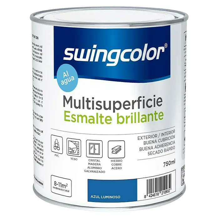 swingcolor Esmalte de color Multisuperficie - Azul luminoso, Brillante, 750 ml, Base de agua - Bote de esmalte brillante multisuperficie Swingcolor, color Azul Luminoso, para uso exterior/interior, buena cubrición y secado rápido.