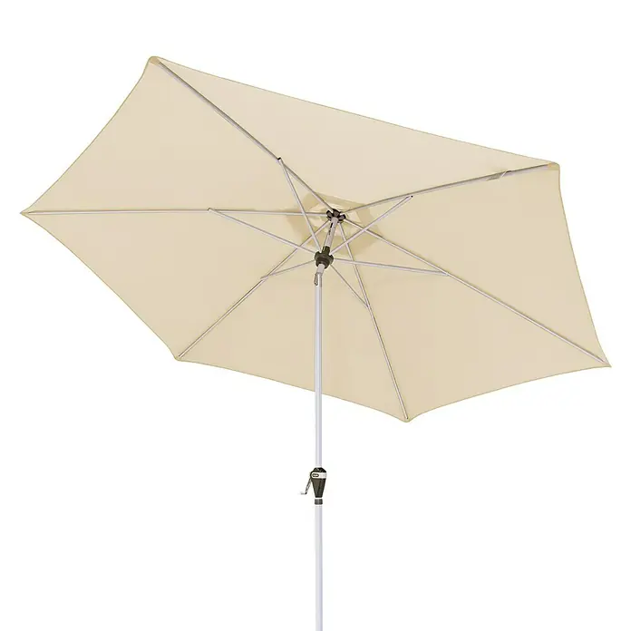 Doppler Active Marktschirm rund Auto Tilt - Natur, Durchmesser Bespannung: 320 cm - Ein rechteckiger, cremefarbener Sonnenschirm mit stabilem, weißem Metallgestell. Ideal für den Garten oder die Terrasse.