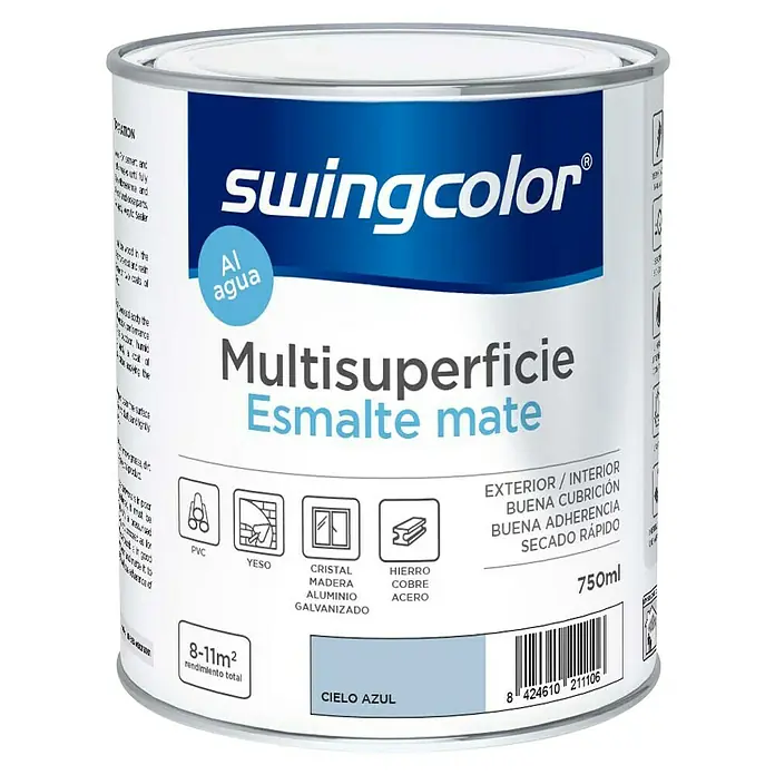 swingcolor Esmalte de color Multisuperficie - Cielo azul, Mate, 750 ml, Base de agua - Un bote de pintura Swingcolor Multisuperficie Esmalte Mate en color Cielo Azul, con un contenido de 750ml.