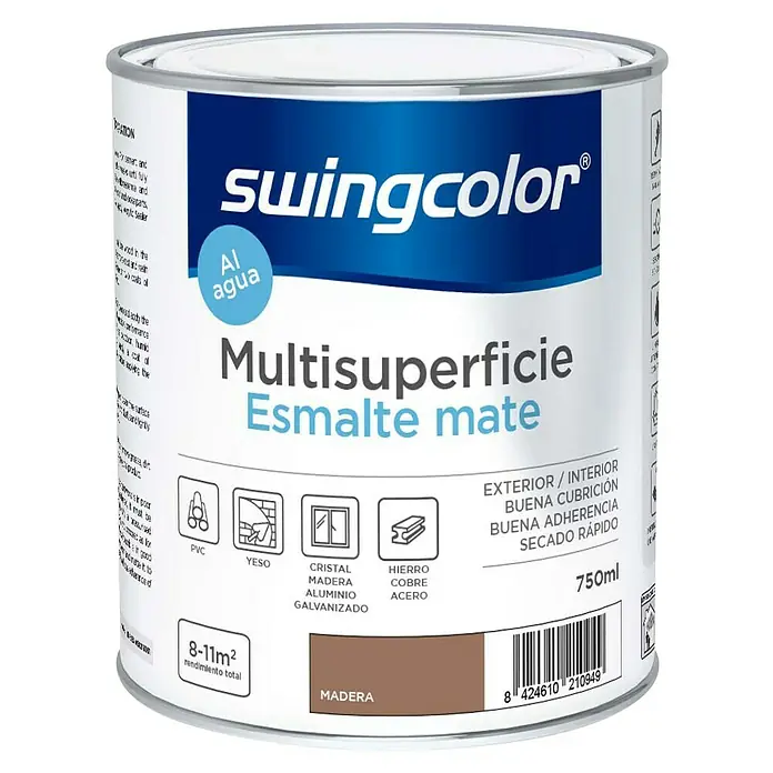 swingcolor Esmalte de color Multisuperficie - Madera, Mate, 750 ml, Base de agua - Bote de pintura Swingcolor Multisuperficie color madera, ideal para diversas superficies interiores y exteriores.