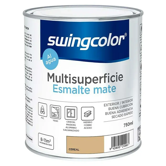 swingcolor Esmalte de color Multisuperficie - Cereal, Mate, 750 ml, Base de agua - Bote de pintura Swingcolor Multisuperficie Esmalte Mate en color Cereal, apto para diversas superficies y uso interior/exterior.