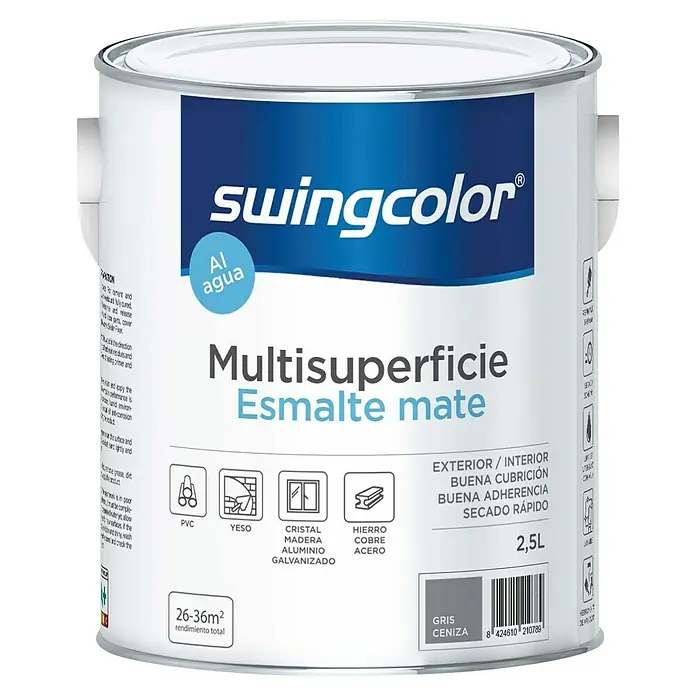 swingcolor Esmalte de color Multisuperficie - Gris ceniza, Mate, 2,5 l, Base de agua - Bote de pintura Swingcolor Multisuperficie Esmalte Mate en Gris Ceniza, apta para diversas superficies, ideal para interiores y exteriores.