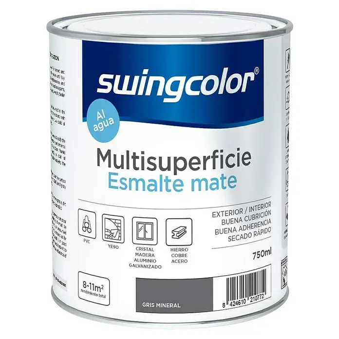 swingcolor Esmalte de color Multisuperficie - Gris mineral, Mate, 750 ml, Base de agua - Bote de pintura Swingcolor Multisuperficie Esmalte mate en color "Gris Mineral" para PVC, madera, vidrio y metal, 750ml de contenido, para interiores y exteriores.
