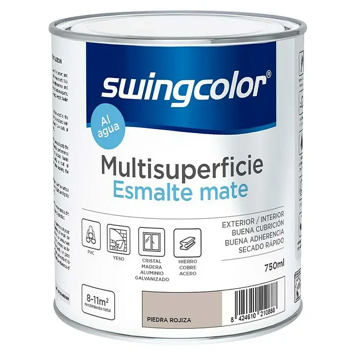 swingcolor Esmalte de color Multisuperficie - Piedra rojiza, Mate, 750 ml, Base de agua - Bote de pintura Swingcolor Multisurface Esmalte Mate en gris piedra, apto para diversas superficies, para interiores y exteriores.
