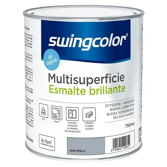 swingcolor Esmalte de color Multisuperficie - Gris perla, Brillante, 750 ml, Base de agua - Imagen de una lata de pintura de esmalte brillante Swingcolor Multisuperficie, apta para diversas superficies y para uso interior y exterior.