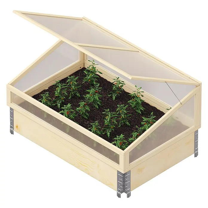 Frühbeet-Aufsatz - Passend für: Palettenrahmen Hochbeete - Abbildung eines Hochbeets mit transparentem Deckel, bepflanzt mit kleinen Gemüsepflanzen. Ideal für den Garten oder Balkon.
