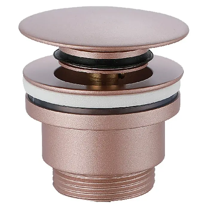 Imex Válvula click clack - 1¼'', Latón, Champagne - Primer plano de un moderno tapón de lavabo de oro rosa, con juntas de goma y rosca para una fácil instalación.