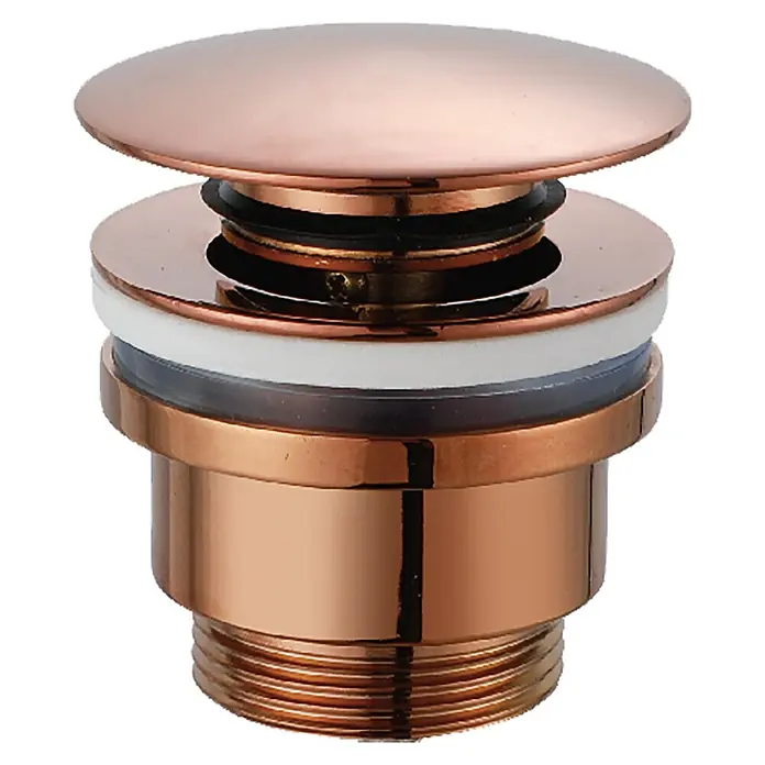 Imex Válvula click clack - 1¼'', Latón, Oro rosa brillo - Primer plano de un elegante tapón de lavabo de oro rosa con sellos, ideal para accesorios de baño modernos.