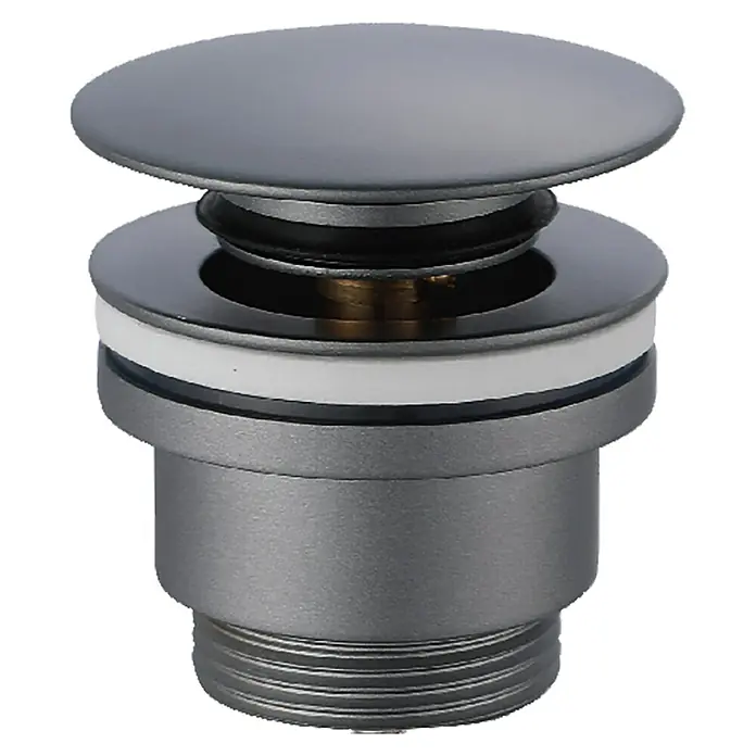 Imex Válvula click clack - 1¼'', Latón, Gris - Primer plano de un tapón de desagüe gris con acabado cromado, destacando su construcción y componentes de sellado.