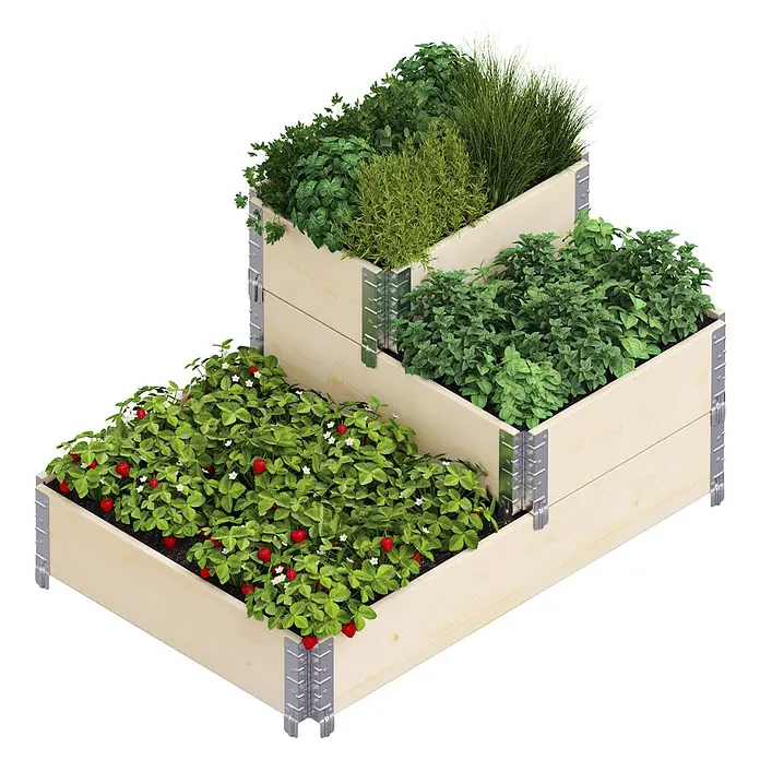 Upyard Hochbeet 3 Ebenen - 120 x 80 x 58,5 cm, Holz, Natur, Fassungsvermögen: 301,8 l - Ein dreistufiges Hochbeet aus Holz mit Erdbeeren, Kräutern und Gemüse, ideal für Gartenliebhaber mit wenig Platz.