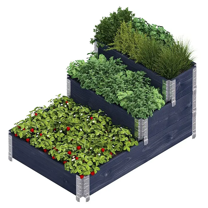 Upyard Hochbeet 3 Ebenen120 x 80 x 58,5 cm, Holz, Schwarz, Fassungsvermögen: 302,4 l - Mehrstufiges Hochbeet aus Holz mit Erdbeeren und Kräutern. Praktisch für Garten und Terrasse.