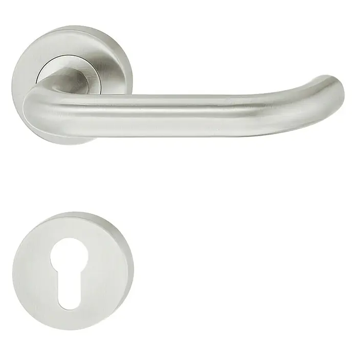 Häfele Drückergarnitur - Stärke Tür: 38 mm - 42 mm, Edelstahl, Form Drücker: Gebogen, Profilzylinder - Türbeschlagset aus gebürstetem Edelstahl mit Drücker und passender Schlüsselrosette.