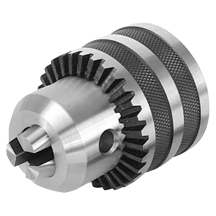 Rotwerk Drehmaschine EDM 300 DS - 250 W, Max. Werkstücklänge: 300 mm - Ein silberner Bohrfutter-Aufsatz mit gerändelten Ringen.