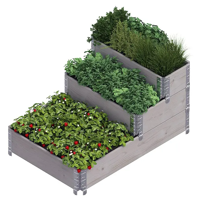 Upyard Hochbeet 3 Ebenen - 120 x 80 x 58,5 cm, Holz, Grau, Fassungsvermögen: 302,4 l - Gestaffelter Hochbeet-Bausatz mit Erdbeeren und Kräutern in grauen Holzrahmen für den Garten.