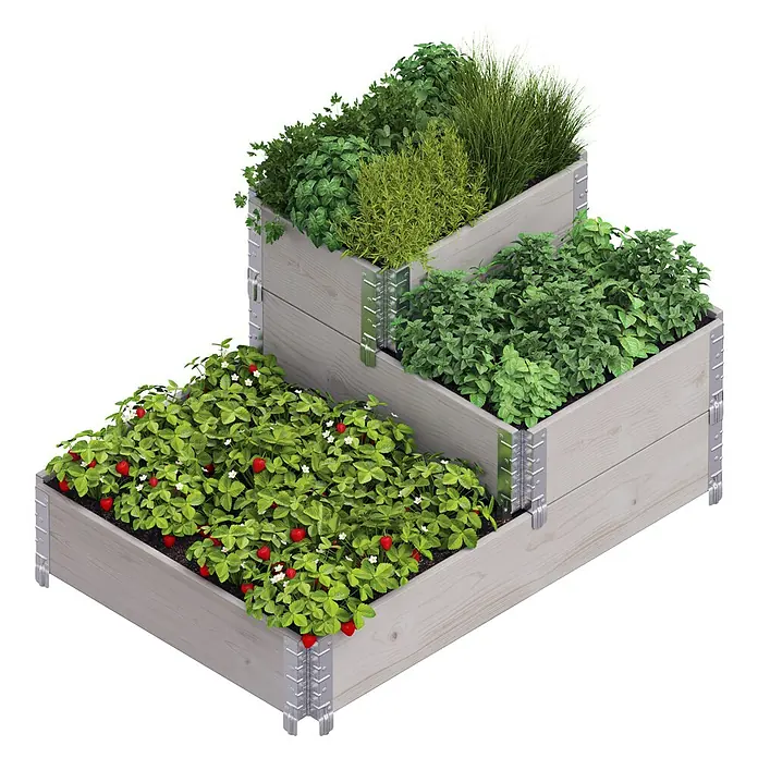 Upyard Hochbeet 3 Ebenen - 120 x 80 x 58,5 cm, Holz, Grau, Fassungsvermögen: 301,8 l - Ein gestufter Hochbeet-Garten aus Holz mit Erdbeeren und verschiedenen Kräutern wie Rosmarin und Basilikum.