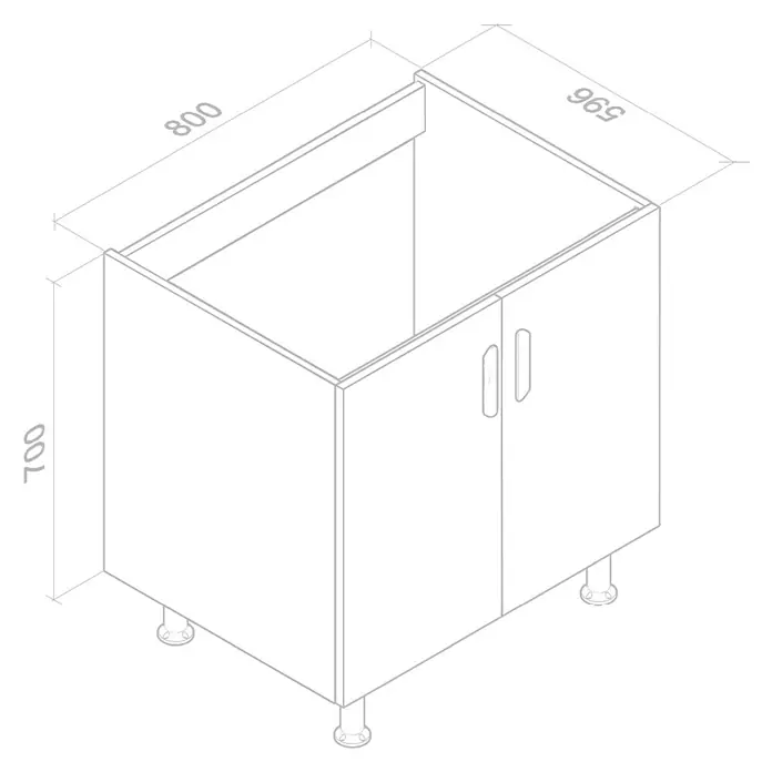 Top Element B Armario bajo fregadero - An x Pr x Al: 80 x 58 x 70 cm, Blanco - Ilustración de un mueble bajo moderno con dos puertas y patas ajustables, ideal para baño o cocina, en un diseño minimalista.