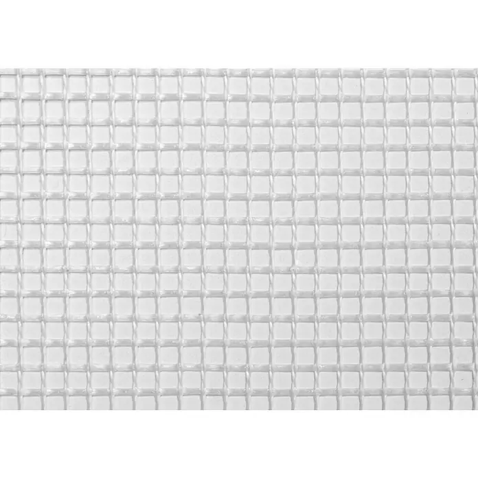 Profi Depot Malla de refuerzo - 1 x 50 m, Plástico, Máx. área de aplicación: 50 m² - Primer plano de una malla de fibra de vidrio blanca, conocida por su resistencia y flexibilidad en aplicaciones de construcción.
