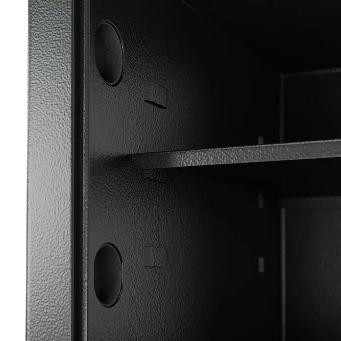 Burg-Wächter Caja fuerte de seguridad Classic-Safe 1 E - Cerradura de combinación electrónica, L x An x Al: 376 x 402 x 278 mm, Negro - Primer plano de una caja fuerte con estantes en su interior, que brinda organización y seguridad para objetos.