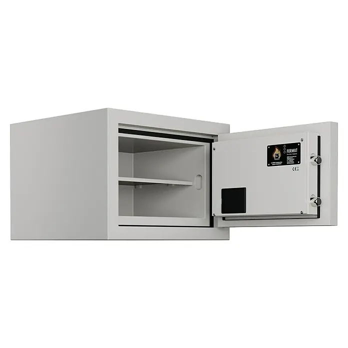 Format Feuerschutztresor Fire Safe Light - L x B x H: 33,5 x 46 x 45,2 cm, Elektronisches Zahlenschloss, 20 l - Bild eines geöffneten, weißen Tresors der Marke Format mit einem Fachboden. Das Innere ist schlicht gehalten und bietet Platz für Wertsachen.