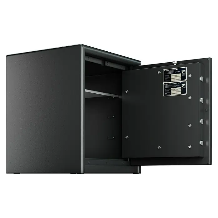 Burg-Wächter Möbeltresor Combi Line CL 440 E - Elektronisches Zahlenschloss, 445 x 495 x 560 mm, Schwarz - Aufnahme eines geöffneten, schwarzen Safes, der Sicherheit und Schutz für Wertgegenstände verspricht.