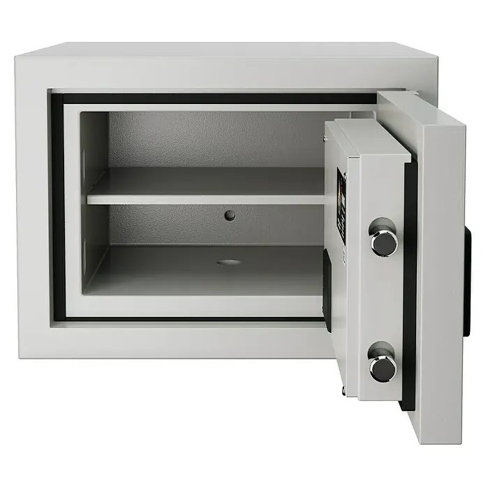 Format Feuerschutztresor Fire Safe Light - L x B x H: 33,5 x 46 x 45,2 cm, Elektronisches Zahlenschloss, 20 l - Geöffneter Safe mit Fachböden zur sicheren Aufbewahrung von Wertsachen, ideal für Zuhause oder im Büro. Solide Konstruktion und einfache Bedienung.