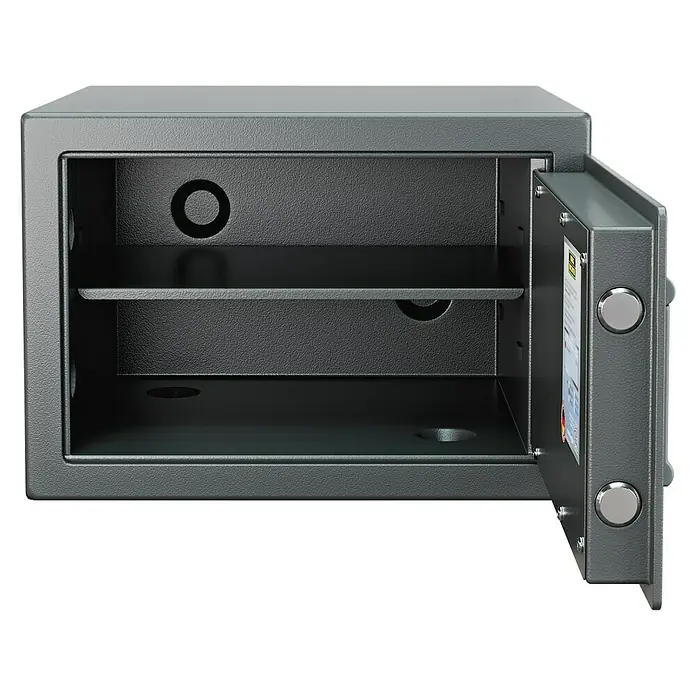 Burg-Wächter Caja fuerte de seguridad Classic-Safe 1 E - Cerradura de combinación electrónica, L x An x Al: 376 x 402 x 278 mm, Negro - En la foto, una caja fuerte abierta con un estante en el interior. La puerta está abierta hacia un lado, revelando el interior.