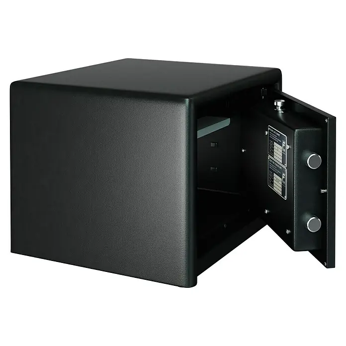 Burg-Wächter Möbeltresor Combi Line CL 410 K - Gepanzertes Sicherheits-Doppelbartschloss, L x B x H: 380 x 435 x 320 mm, Schwarz - Geöffneter schwarzer Safe, ideal für die sichere Aufbewahrung von Wertsachen. Robuste Konstruktion für maximalen Schutz.
